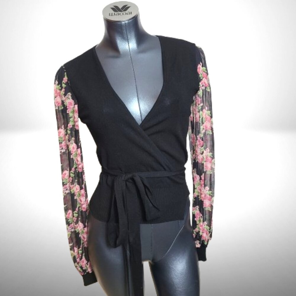 RED Valentino Black Wrap Sweater Top | Sheer Floral Sleeves | IT 42